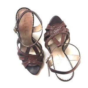 Nicole Miller Brown Leather Wedge Sandals